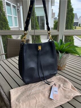 Rebecca Minkoff Navy Pebbled Leather Darren Shoulder Bag with Gold Hardware HTF!